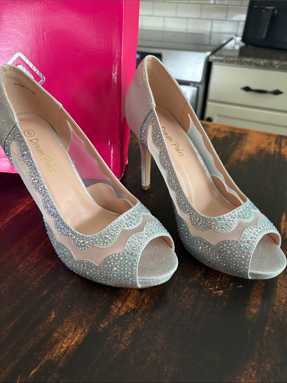 Dream Pairs Silver Glitter & Rhinestone Peep-Toe Stilettos Wedding